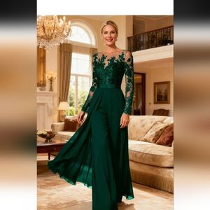 Elegant Green Lace Jumpsuit Fast Shipping For Holiday
